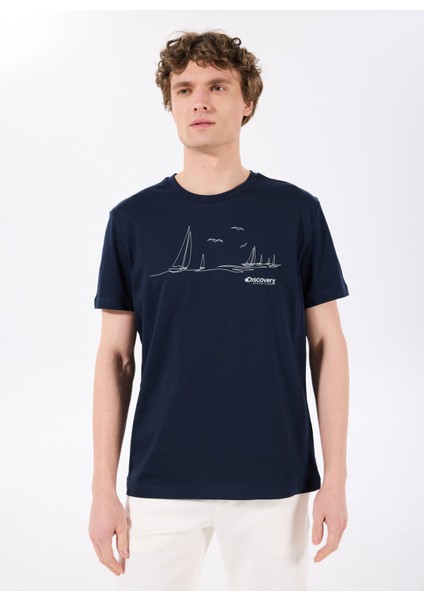 D5SM-TST3802 Lacivert Bisiklet Yaka Relaxed Baskılı Erkek T-Shirt modelleri