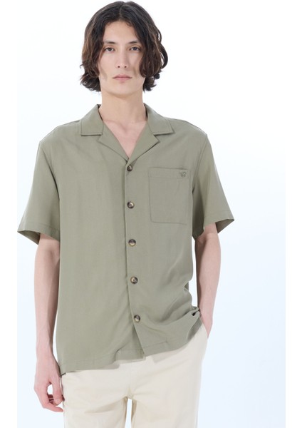 Haki Erkek Apaş Yaka Relaxed Nakışlı %100 Liyosel Gömlek M5SM-GML1052