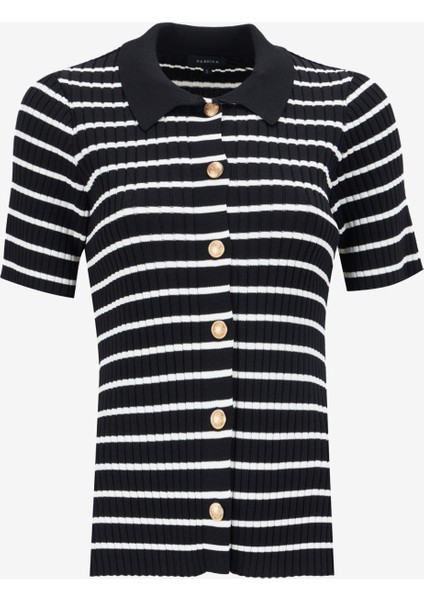 Siyah - Ekru Kadın Çizgili Hırka F5SL-HRK0106