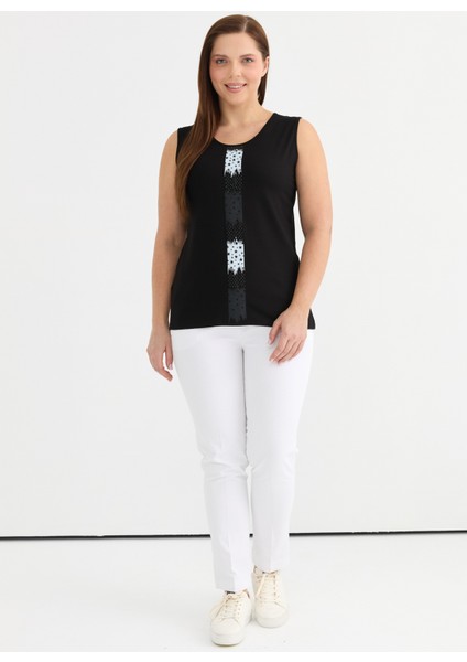 Yuvarlak Yaka Baskılı Siyah Kadın Bluz 25YSL8090-BB