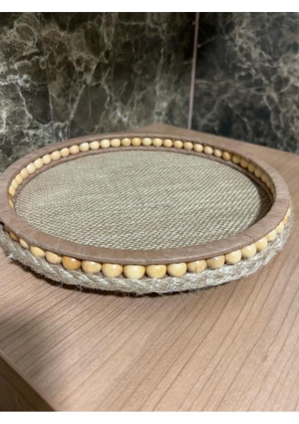 Ahşap Küçük Boncuklu 24 cm Hasır Doğal Rafya/jüt Tepsi
