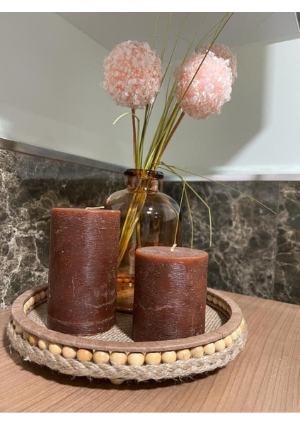 Ahşap Küçük Boncuklu 24 cm Hasır Doğal Rafya/jüt Tepsi