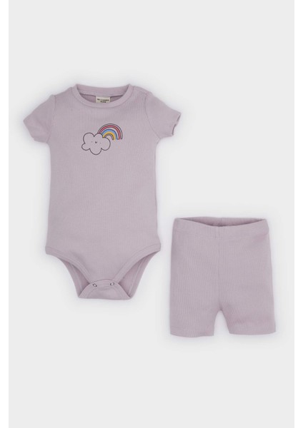 Kız Bebek 2'li Takım Gökkuşağı Baskılı Fitilli Kaşkorse Kısa Kollu Çıtçıtlı Body Beli Lastikli Şort E8245A525SM