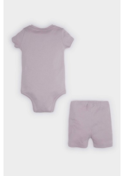 Kız Bebek 2'li Takım Gökkuşağı Baskılı Fitilli Kaşkorse Kısa Kollu Çıtçıtlı Body Beli Lastikli Şort E8245A525SM