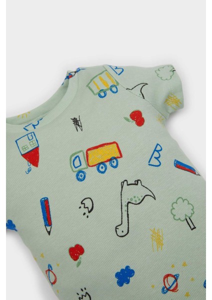 Erkek Bebek 2'li Takım Dinazor Baskılı Kısa Kollu Fitilli Kaşkorse Çıtçıtlı Body Beli Lastikli Şort E8227A525SM