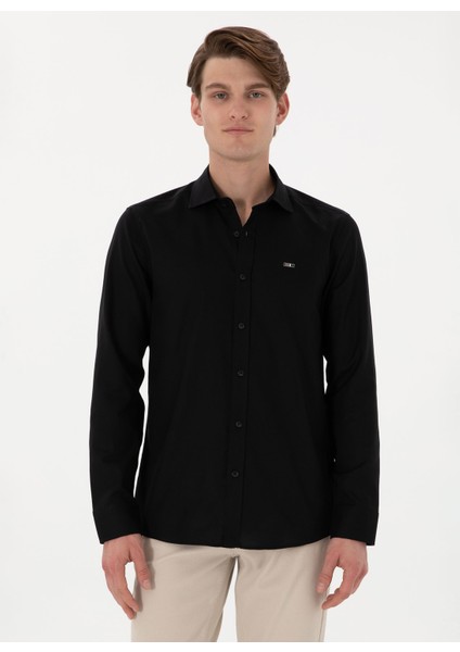 Slim Fit Gömlek Yaka Siyah Erkek Gömlek Cedrop