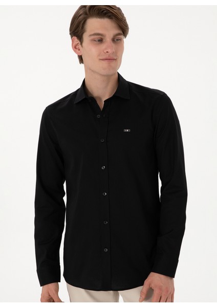 Slim Fit Gömlek Yaka Siyah Erkek Gömlek Cedrop modelleri