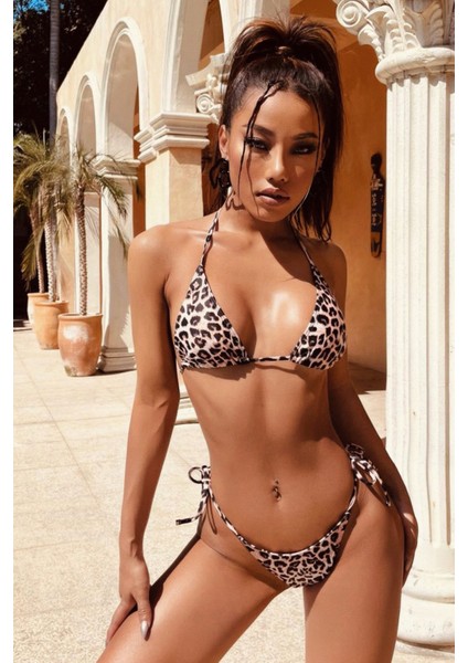 Kadın Leopar Desenli Yandan Bağlamalı Bikini Mayo Takımı