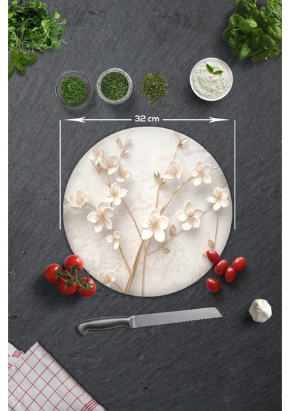 Cam Kesme Tahtası - Cam Kesme Tablası | Beyaz Çiçek - Gold | ÇAP32CM modelleri