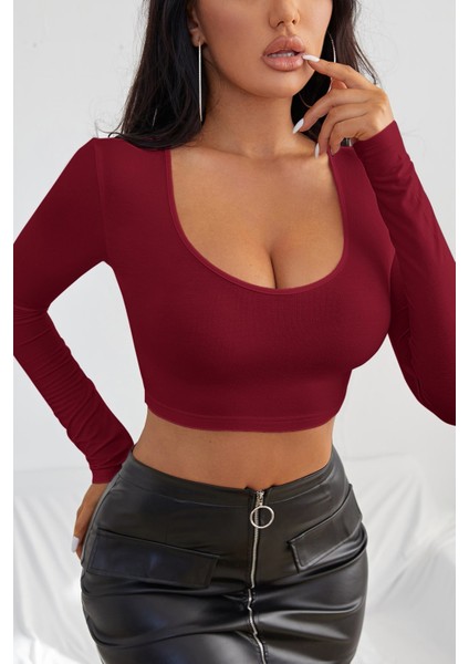 Kadın Bordo Uzun Kol Kare Yaka Crop Top Bluz