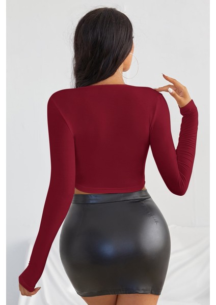 Kadın Bordo Uzun Kol Kare Yaka Crop Top Bluz fiyatları
