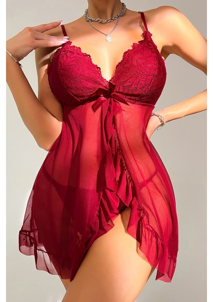 Kadın Bordo Dantelli, Fırfırlı Tül ve Fiyonk Detaylı Tangalı Gecelik Takımı indirimleri