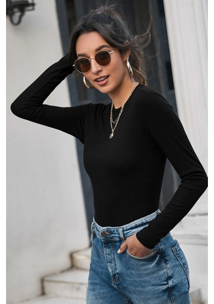 Kadın Siyah Uzun Kollu Fit Basic Crop Top Bluz modelleri