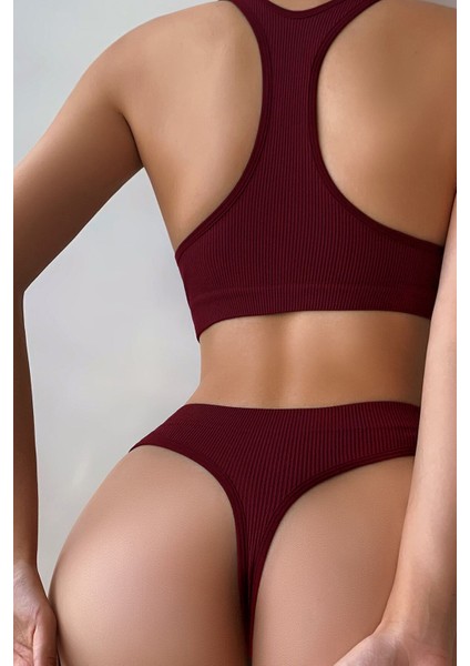Kadın Bordo Desteksiz Seamless Tangalı Iç Çamaşır Takımı