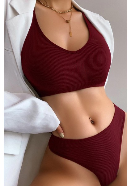 Kadın Bordo Desteksiz Seamless Tangalı Iç Çamaşır Takımı