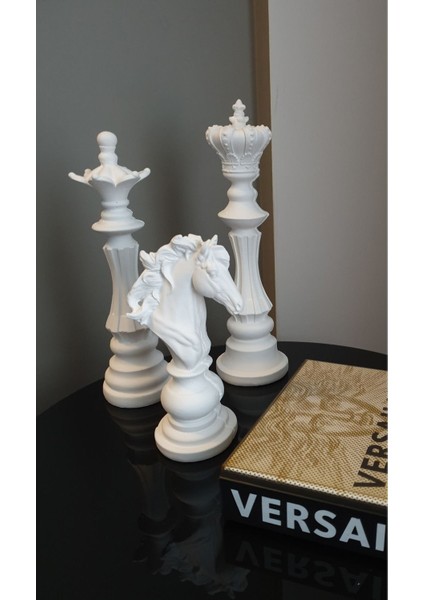 3'lü Set Dekoratif Satranç Biblo Takımı, Satranç Heykel Set, Chess Set, Şah Vezir At Dekoratif Bibl