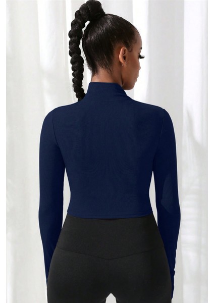 Kadın Lacivert Uzun Kol Fermuarlı Parmak Geçme Detaylı Dik Yaka Crop Top Bluz fiyatları