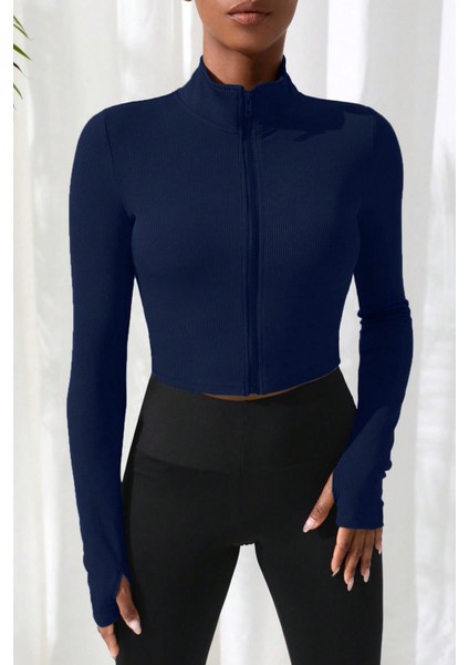 Kadın Lacivert Uzun Kol Fermuarlı Parmak Geçme Detaylı Dik Yaka Crop Top Bluz fırsatları