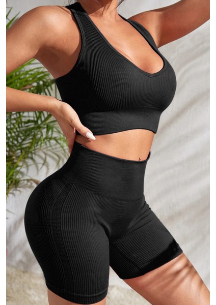 Kadın Siyah Yüksek Bel Çapraz Sırt Detaylı Şortlu Gecelik Takım modelleri