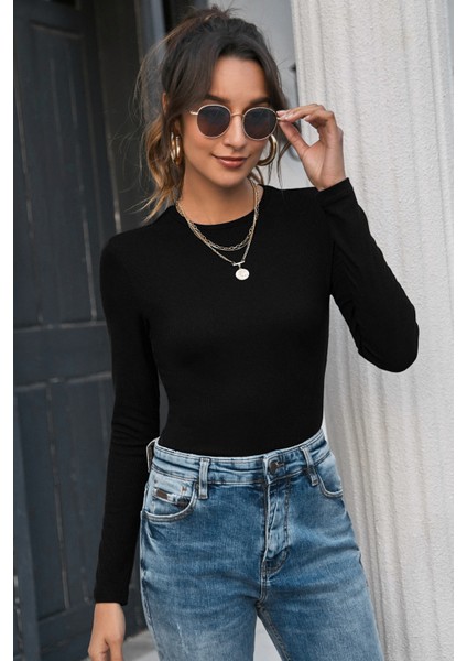 Kadın Siyah Uzun Kollu Fit Basic Crop Top Bluz