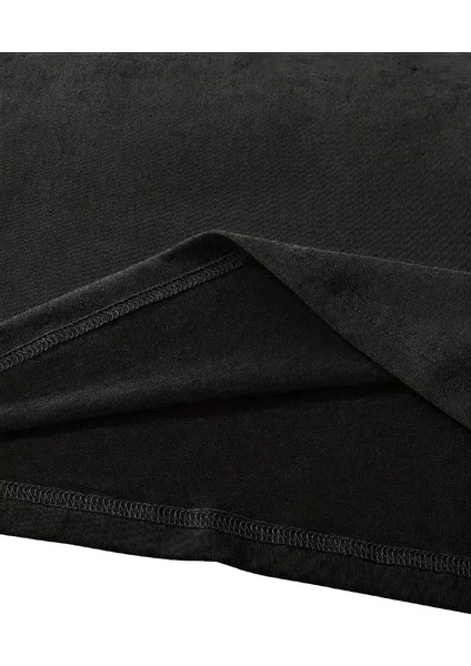 Baskılı Oversize Bisiklet Yaka T-Shirt - Siyah