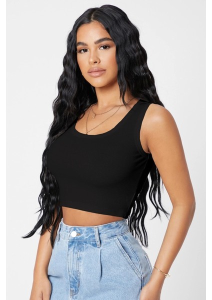 Kadın Siyah Kare Yaka Crop Top Bluz indirimleri