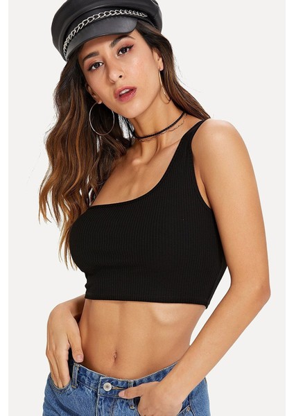 Kadın Siyah Tek Omuz Crop Büstiyer modelleri