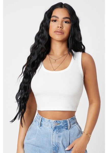 Kadın Beyaz Kare Yaka Crop Top Bluz