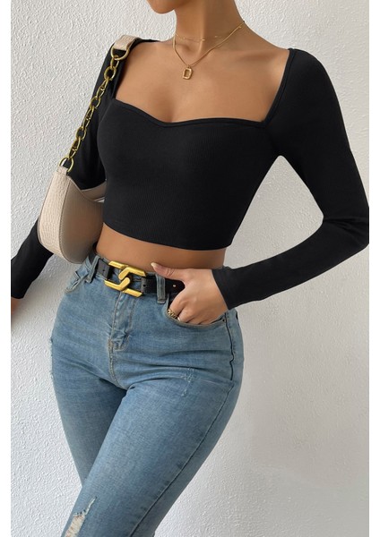 Kadın Siyah Uzun Kol Göğüs Dekolteli Şık Crop Top Bluz