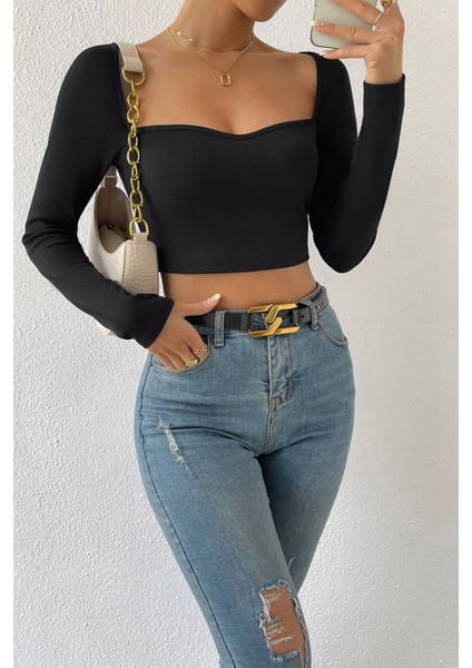 Kadın Siyah Uzun Kol Göğüs Dekolteli Şık Crop Top Bluz