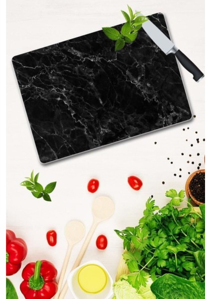 30X40 cm Cam Kesme Tahtası Siyah Mermer Desenli