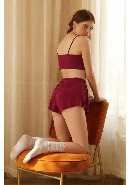 Kadın Bordo Şortlu Kaşkorse Gecelik Takım
