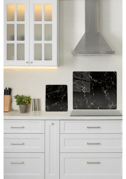 2'li Takım Siyah Mermer Görünümlü | Cam Ocak Arkası - Cam Kesme Tablası