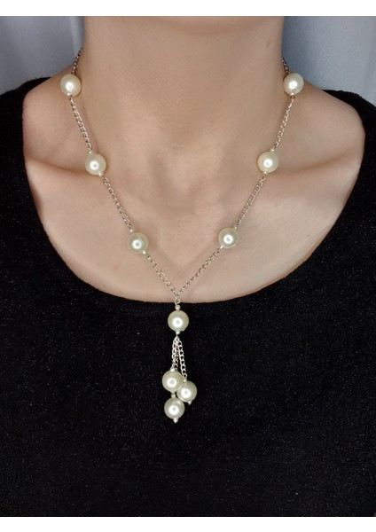 Inci Kolye, Incili Kolye, Barok Inci Kolye, Kararmaz Gümüş Kaplama Zincir Kolye, Kadın Inci Kolye, Vintage Choker Inci Kolye, Gümüş Kaplama Zincirli Inci Kolye, Hediyelik Kolye
