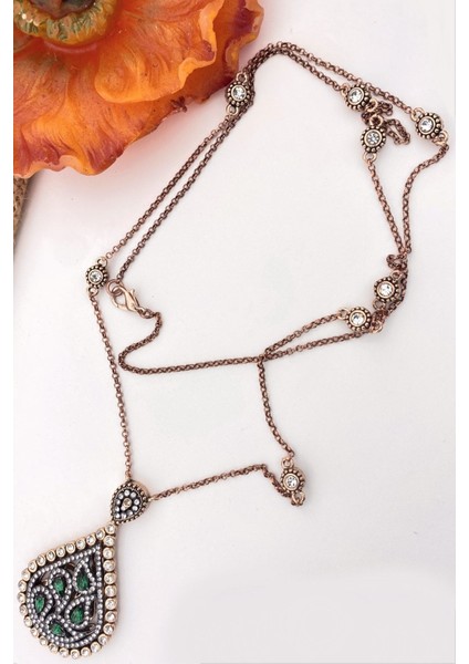 Yeşil Taşlı Elmas Montür Uzun Kolye