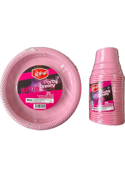 Ofis Catering Piknik Davet Doğum Günü Omeyva Sofra Seti - 25 Kişilik Pembe Tabak Bardak Takımı