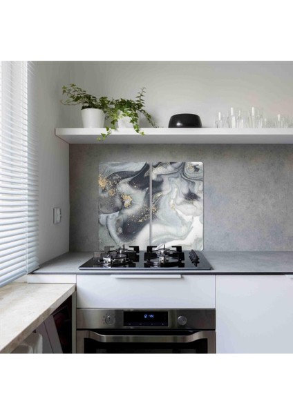 2'li 30X52 cm Cam Ocak Koruyucu 4'lü Ocaklar Için Gri Altın Mermer