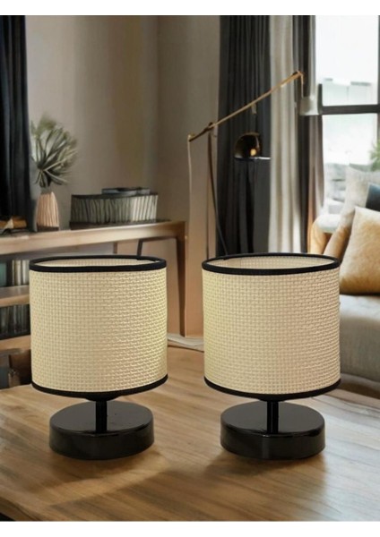 Mini Abajur 2'li Set Beyaz Hasır Hazeran Kumaş Salon Yatak Odası Elektrikli Masa Lambası 5999AB