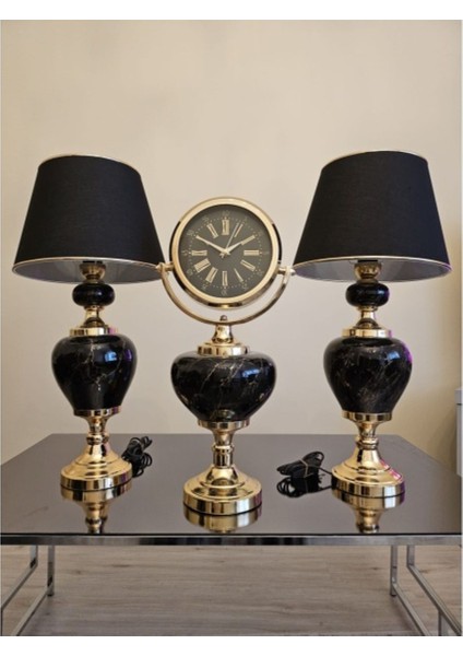 Gold Metal Detaylı Siyah Abajur ve Saat Set