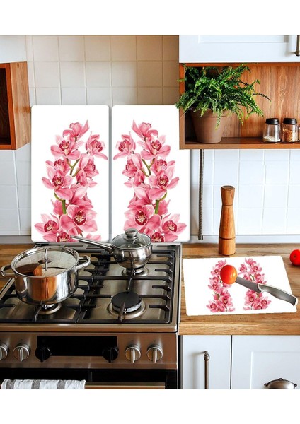 Takım Halinde Pembe Orkide 20X30 cm Kesme Tablası ve 2'li 30X52 cm Cam Ocak Koruyucu 4'lü Ocaklar