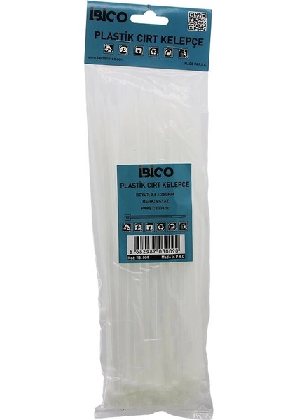 100PCS Beyaz 3.6X250MM Plastik Cırt Kelepçe