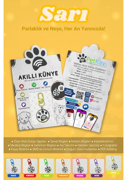 Köpekler Için Akıllı Künye, Nfc Dijital Isimlik Ve Tasma Künyesi Qr Kod Künye Paslanmaz Çelik sarı isimli Köpek Tasması, Köpek isimlik