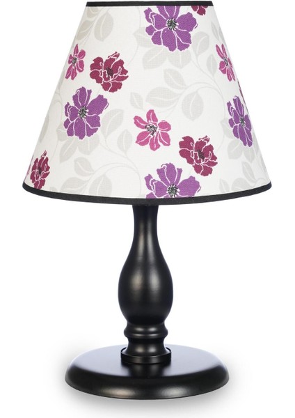 Lugus Siyah Metal Ayaklı Lila Çiçekli Abajur