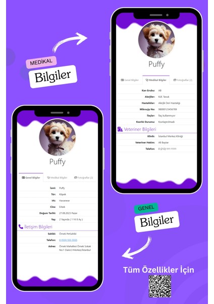 Köpekler Için Akıllı Künye, Nfc Dijital Isimlik Ve Tasma Künyesi Qr Kod Künye Paslanmaz Çelik Mor İsimli Köpek Tasması, Köpek İsimlik