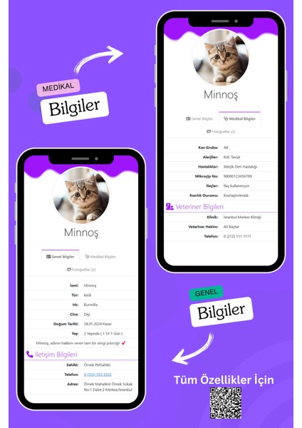 Kediler Için Akıllı Künye, Nfc Dijital Isimlik Ve Tasma Künyesi Qr Kod Künye Paslanmaz Çelik Mor İsimli Kedi Tasması, Kedi İsimlik