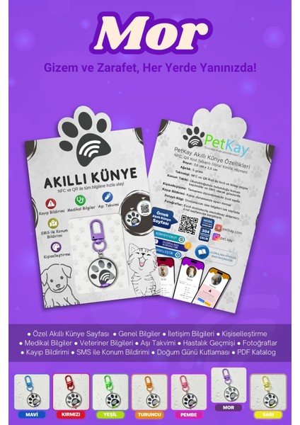 Kediler Için Akıllı Künye, Nfc Dijital Isimlik Ve Tasma Künyesi Qr Kod Künye Paslanmaz Çelik Mor İsimli Kedi Tasması, Kedi İsimlik