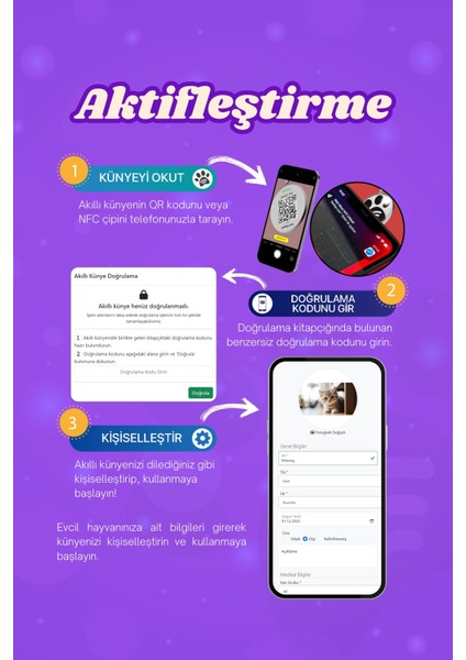 Kediler Için Akıllı Künye, Nfc Dijital Isimlik Ve Tasma Künyesi Qr Kod Künye Paslanmaz Çelik Mor İsimli Kedi Tasması, Kedi İsimlik