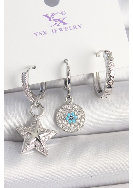 Pirinç Gold Renk Zirkon Taşlı Yıldız Model Nazar Boncuk Detay 3'lü Kadın Kombin Küpe