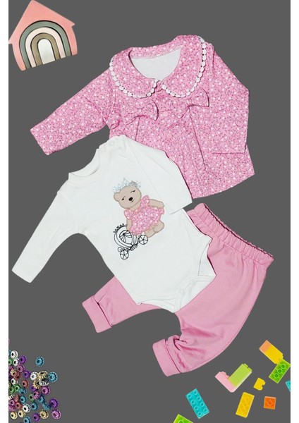 Ceketli Çiçek Desenli Bebe Yaka Üçlü Takım