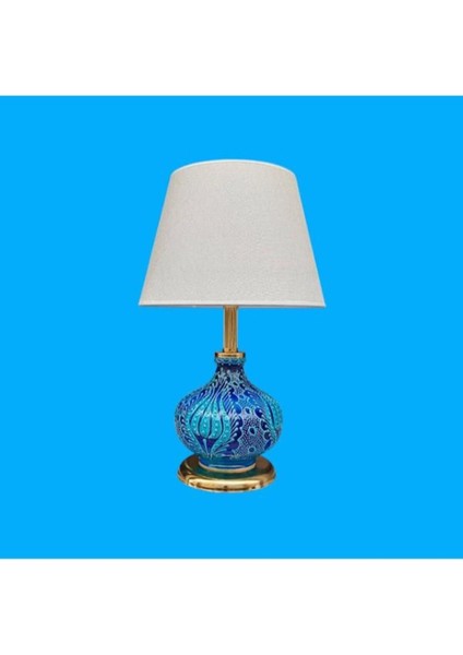 Patara Abajur Gold Kaplamalı Mavi Çini Krem Şapka